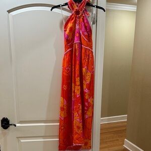 Bright Floral Halter Maxi Dress - Pink & Orange size S